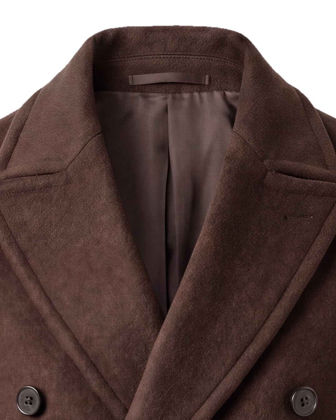 Double Brown Statement Overcoat, collar detail