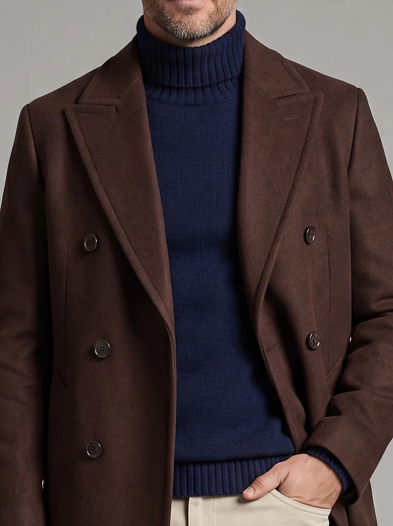 Double Brown Statement Overcoat, collar detail
