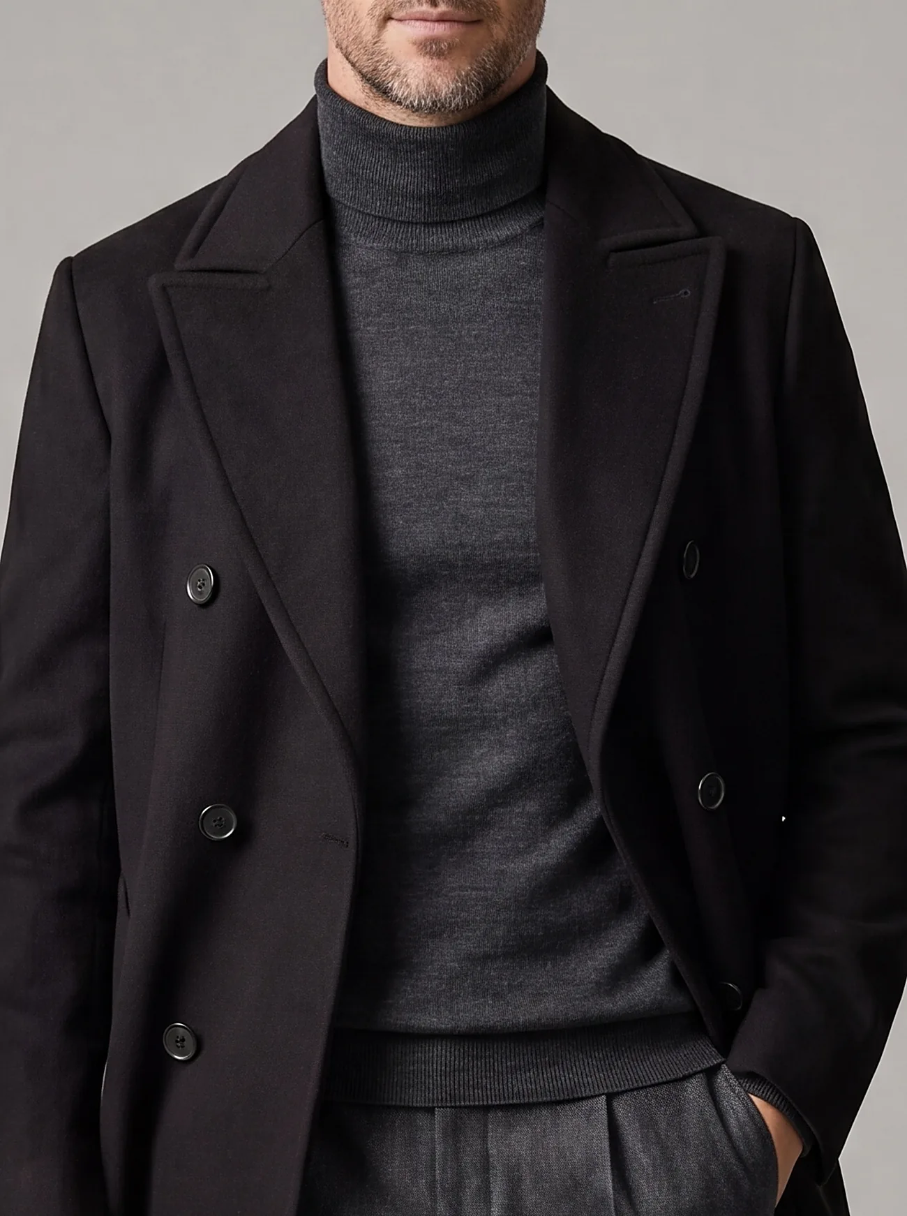 Double Black Statement Overcoat, collar detail