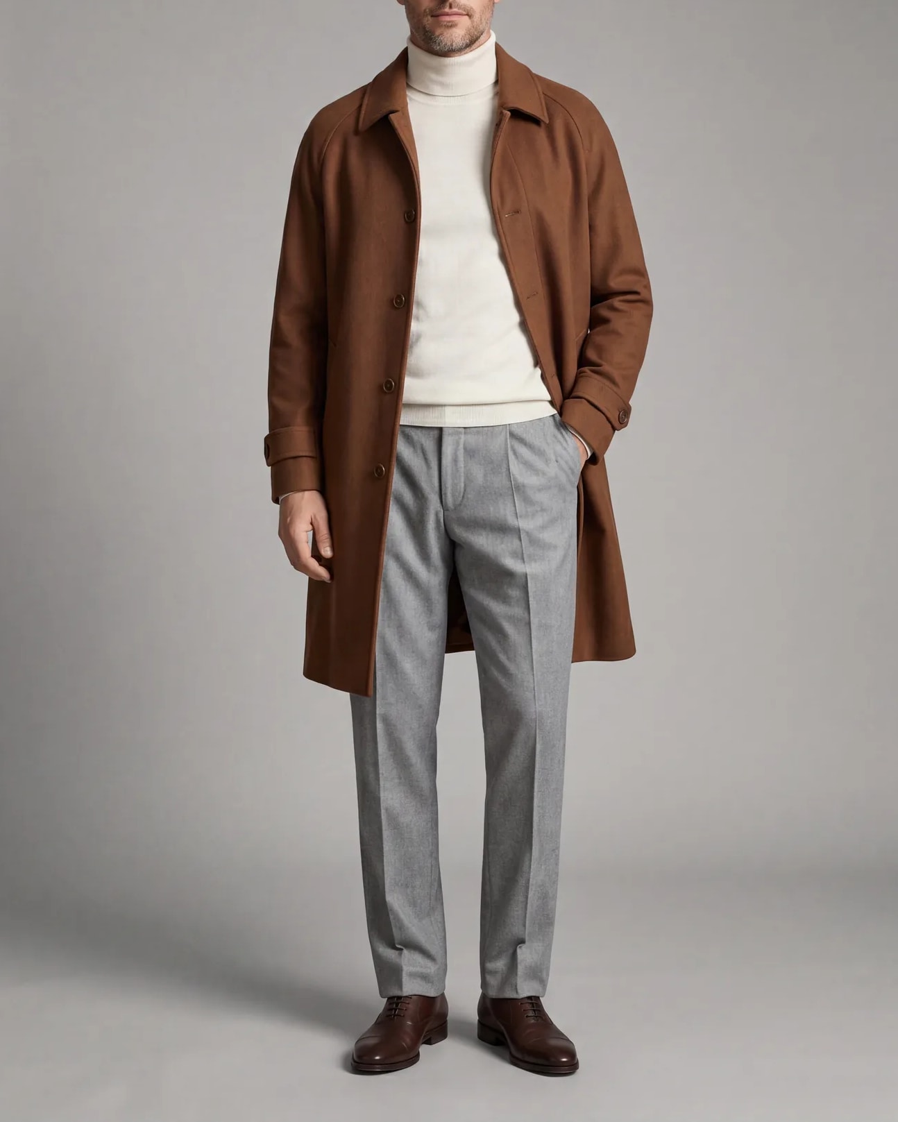 Cognac Brown Long Wool Coat, on model
