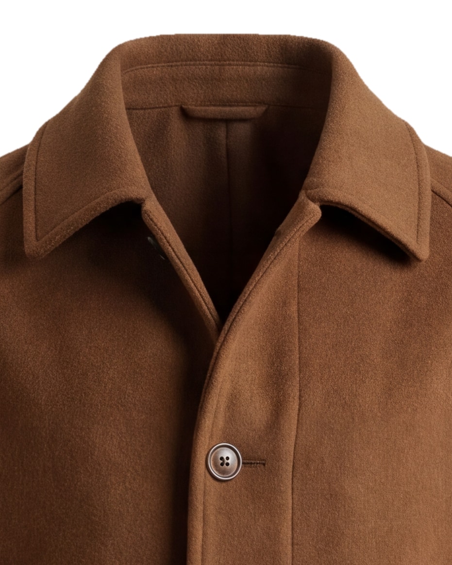 Cognac Brown Long Wool Coat, collar detail