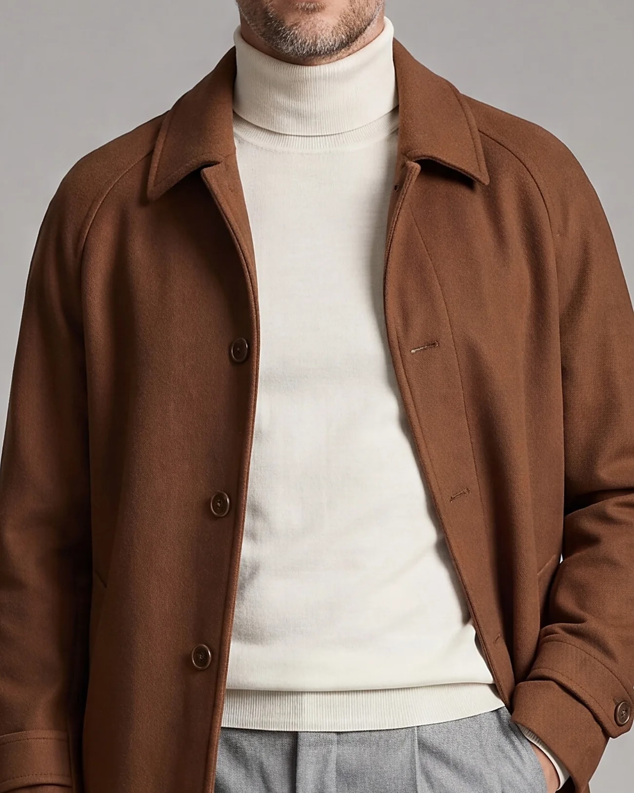 Cognac Brown Long Wool Coat, collar detail