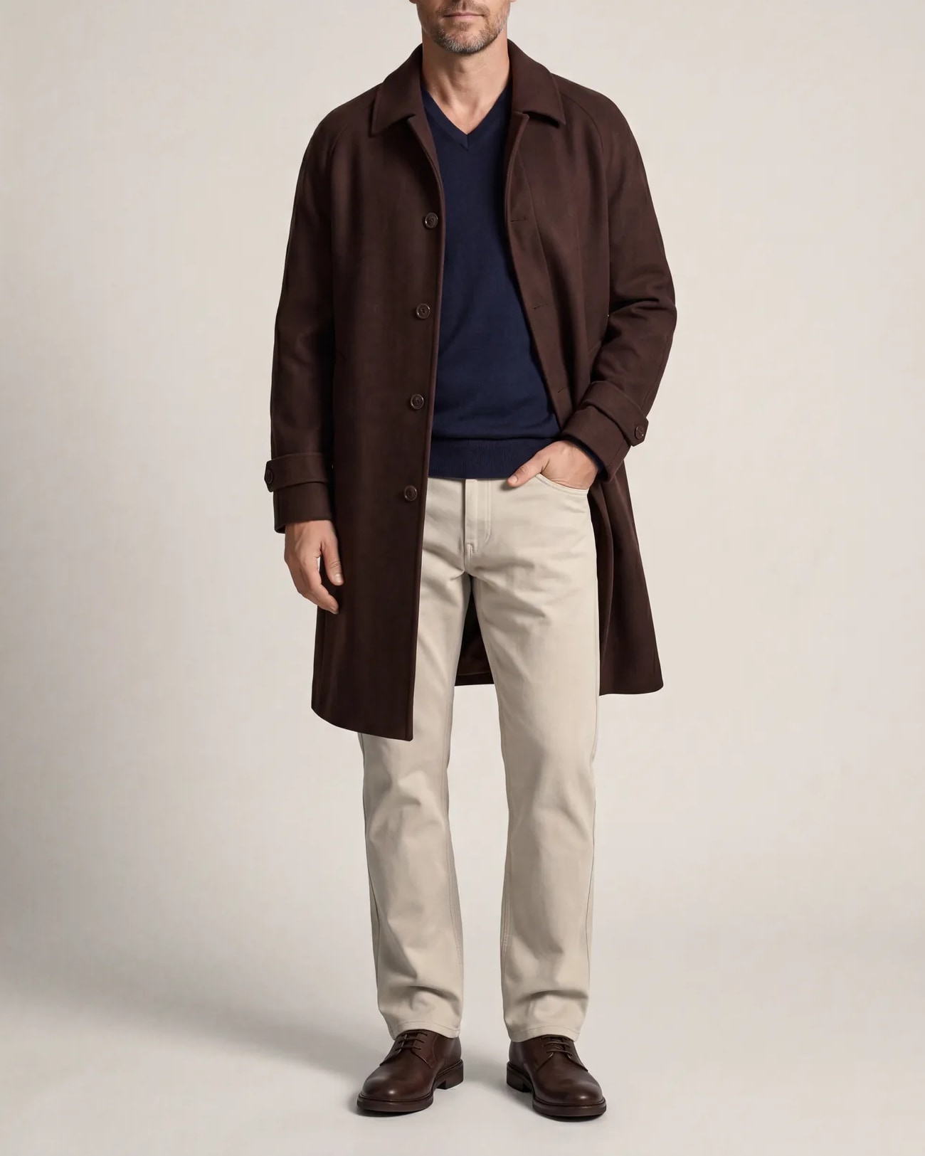 Dark Brown Long Wool Coat, on model