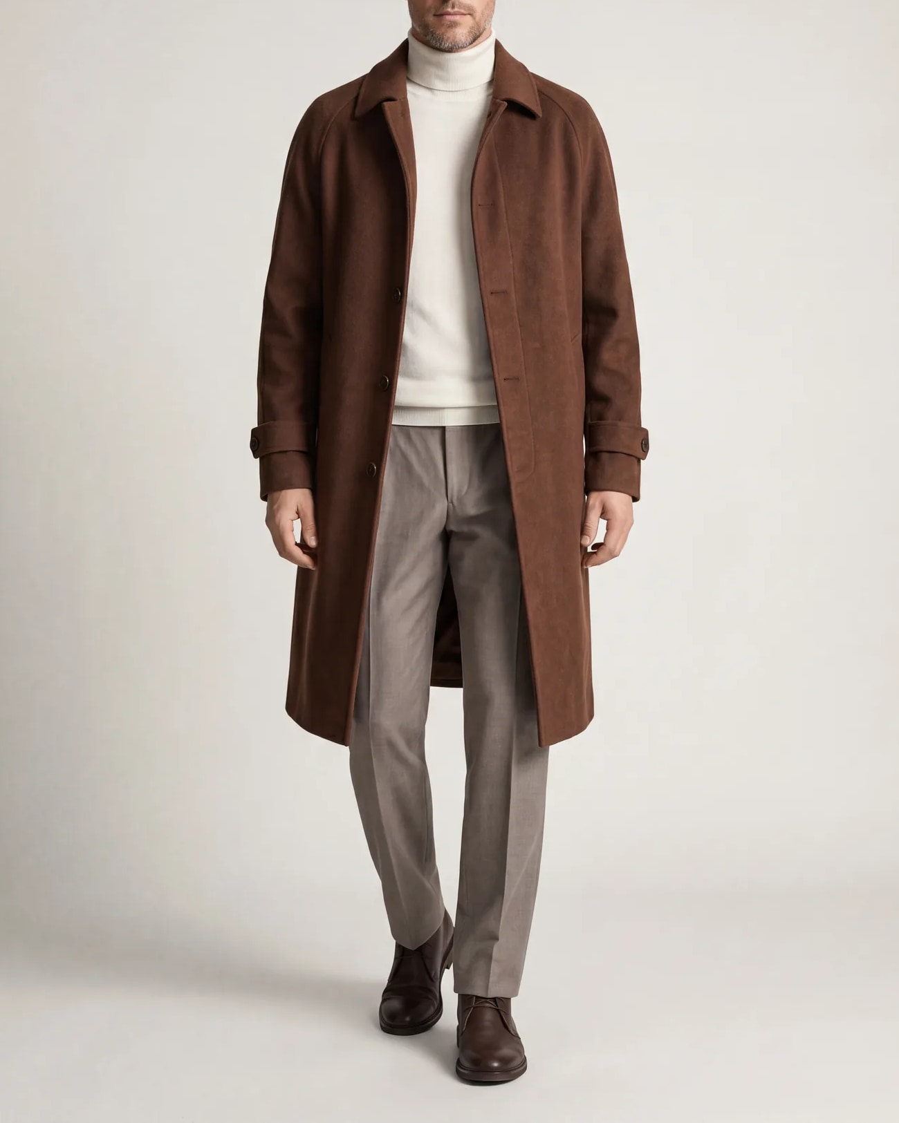 Rust Brown Long Wool Coat, on model