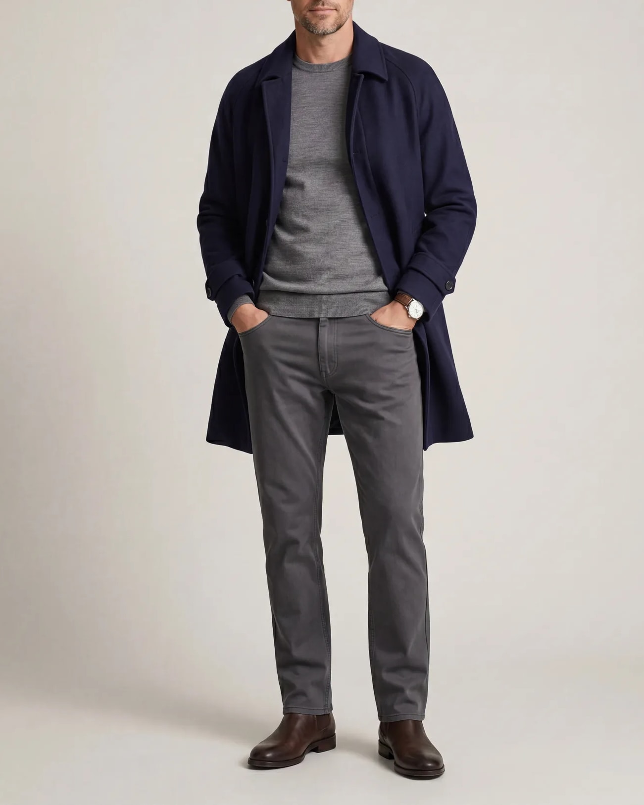 Navy Long Wool Coat, on model