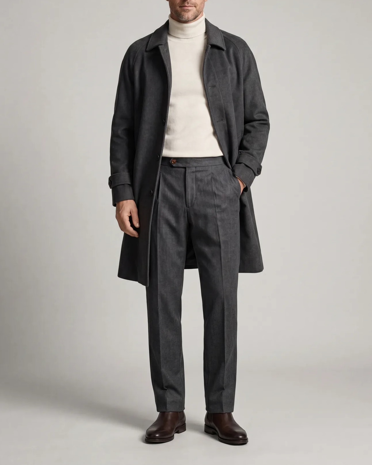 Grey Long Wool and Cashmere Coat, on model