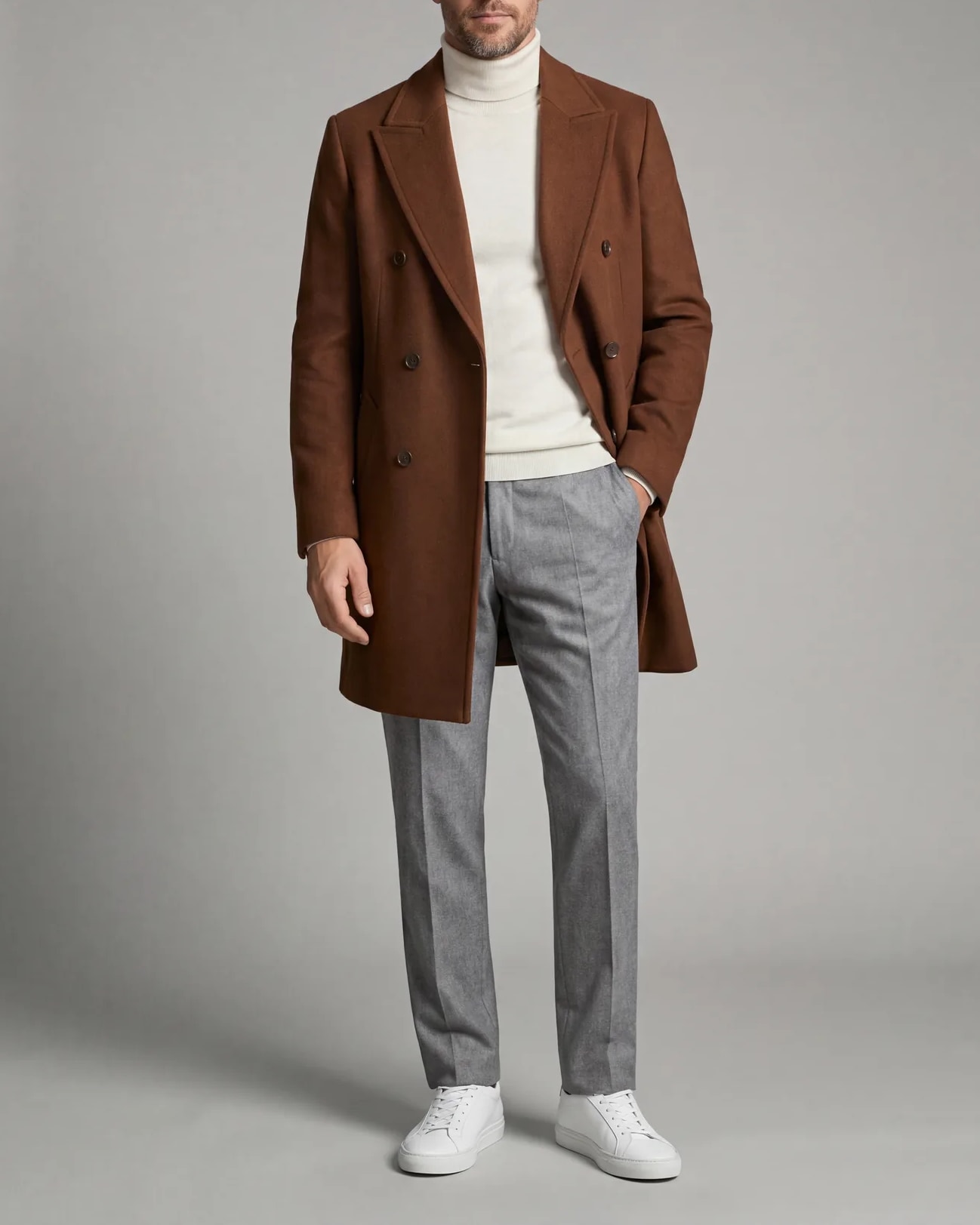 Double-Breasted Cognac Brown Wool Coat, on model