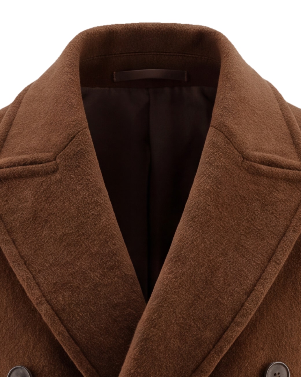 Double-Breasted Cognac Brown Wool Coat, collar detail