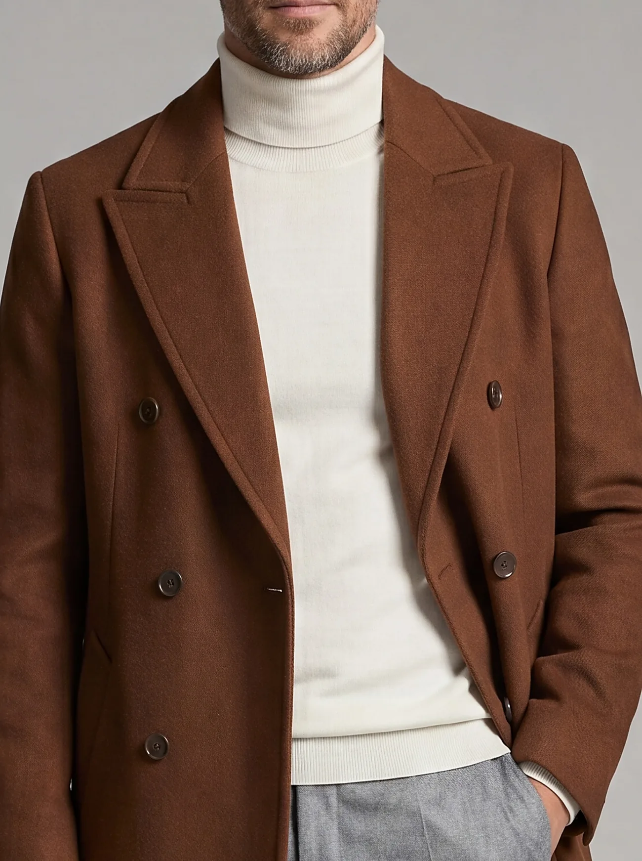 Double-Breasted Cognac Brown Wool Coat, collar detail