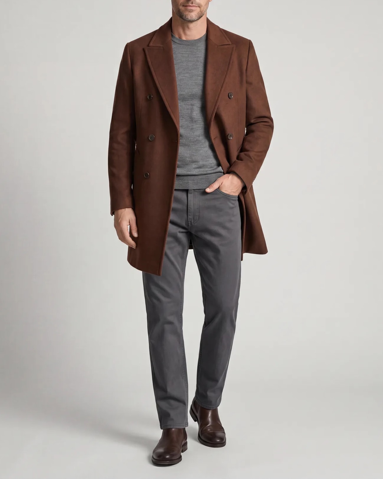 Double-Breasted Rust Brown Wool Coat, on model