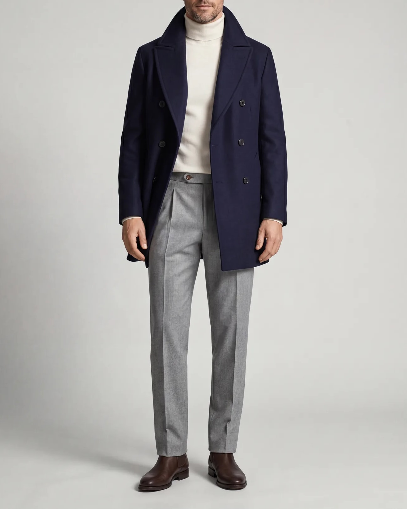 Double-Breasted Navy Wool Coat, on model