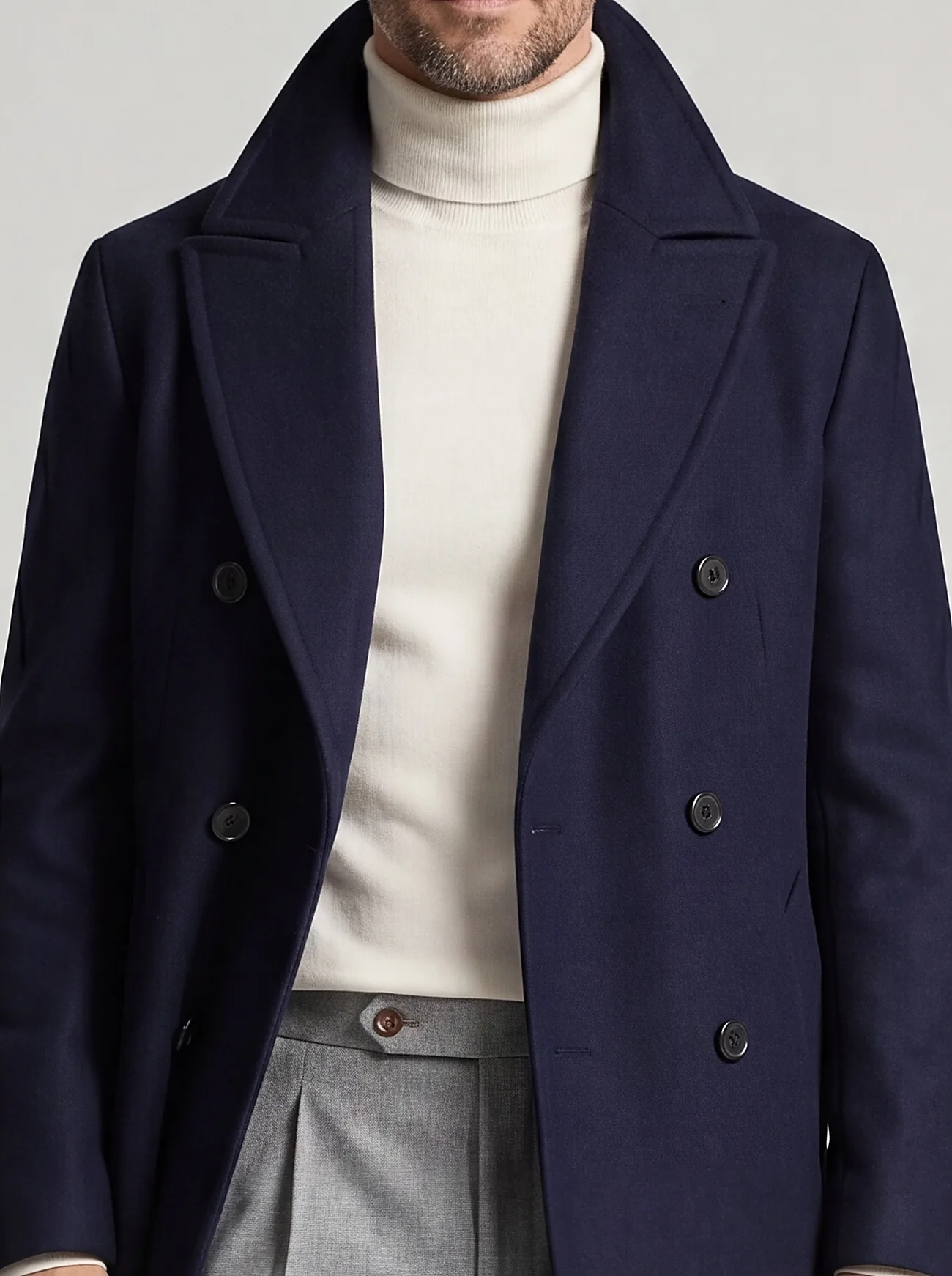 Double-Breasted Navy Wool Coat, collar detail