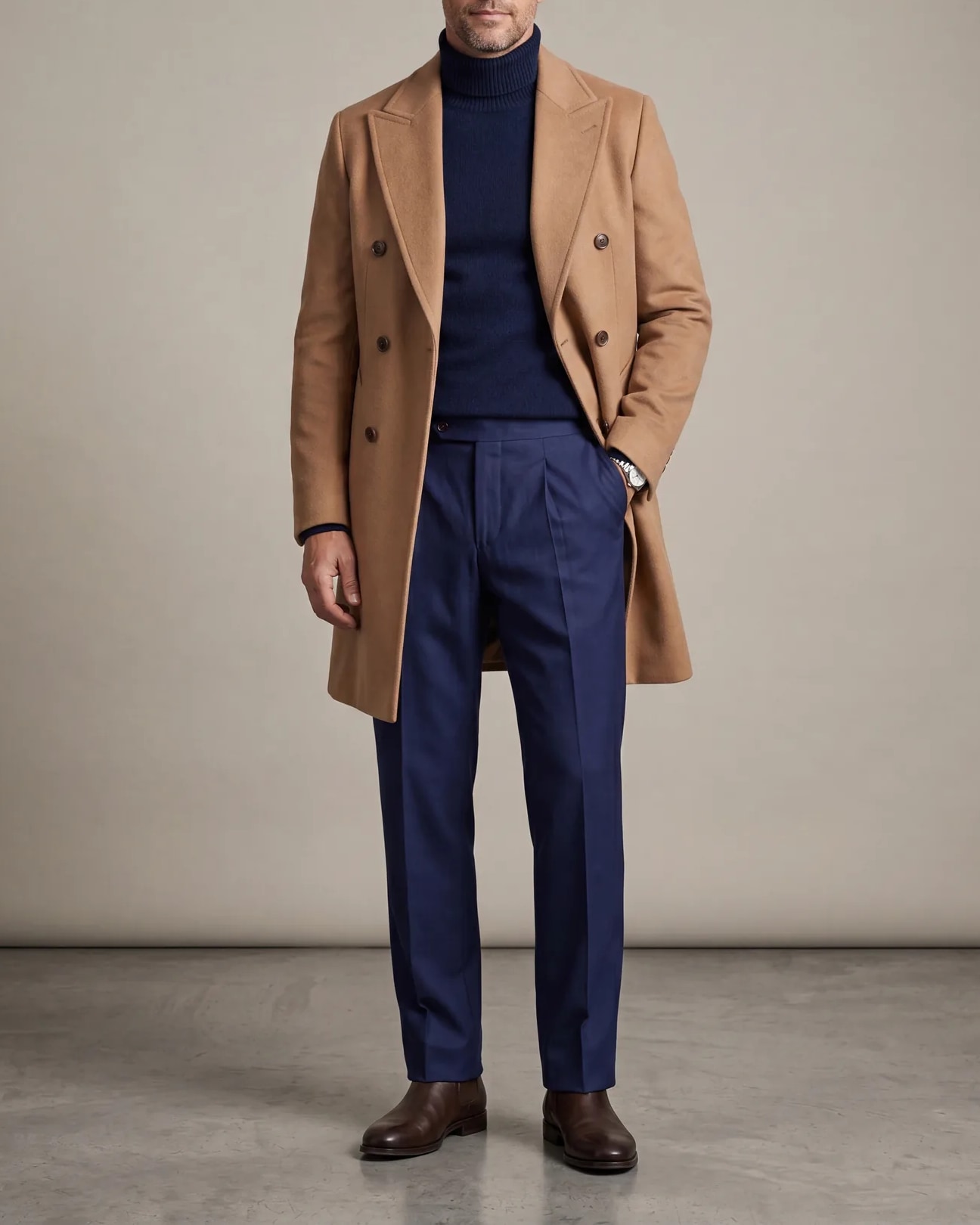 Double-Breasted Camel Coat in Wool and Cashmere, on model