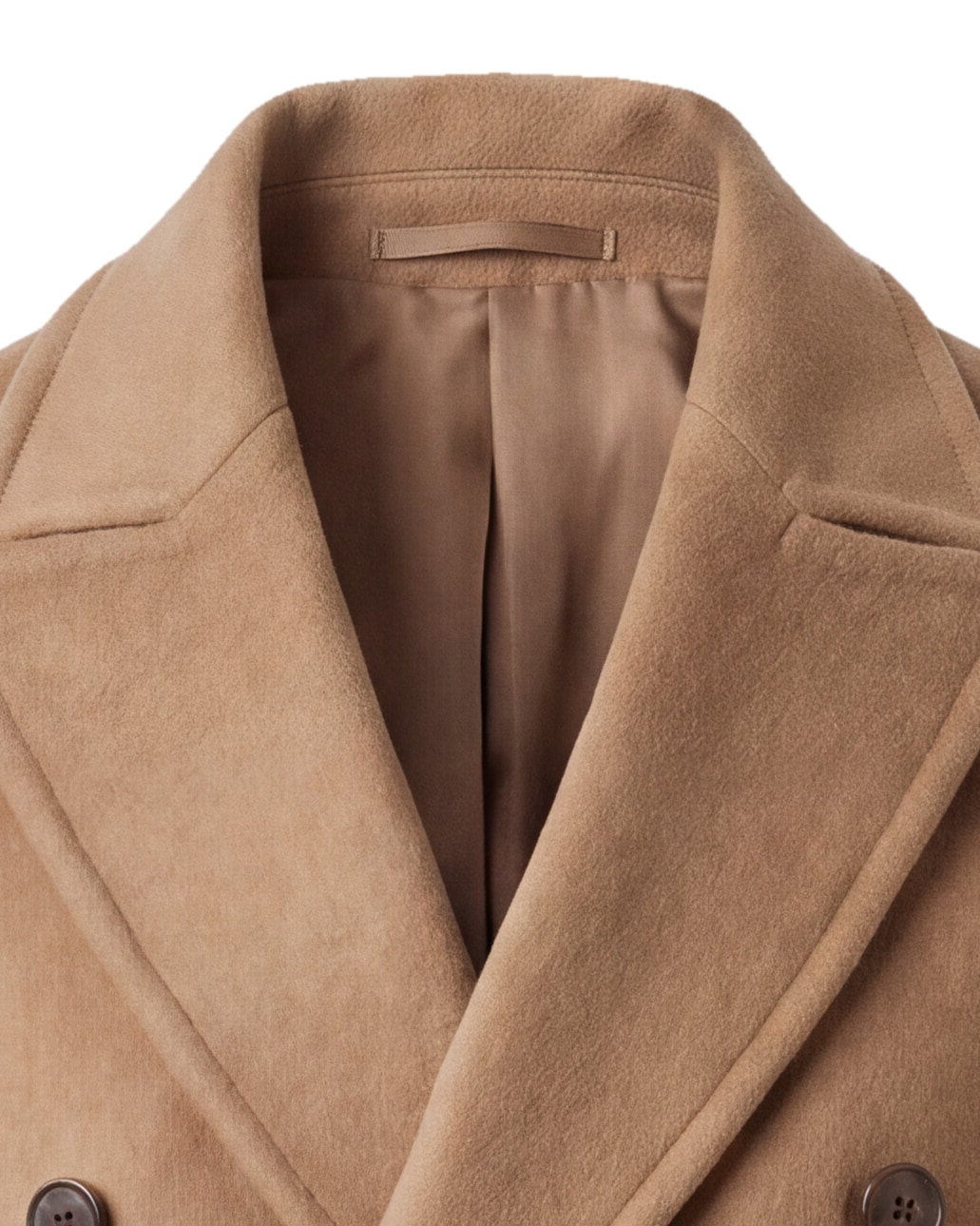 Double-Breasted Camel Coat in Wool and Cashmere, collar detail
