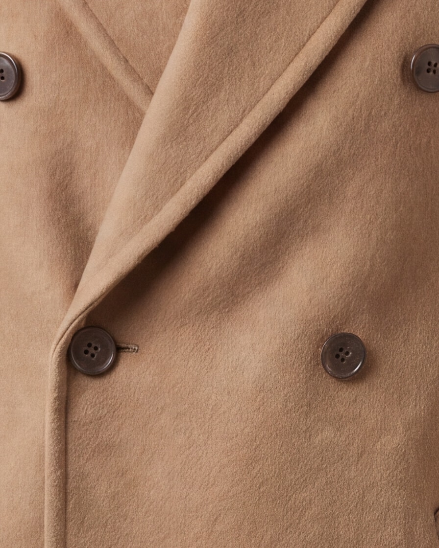 Double-Breasted Camel Coat in Wool and Cashmere, front view