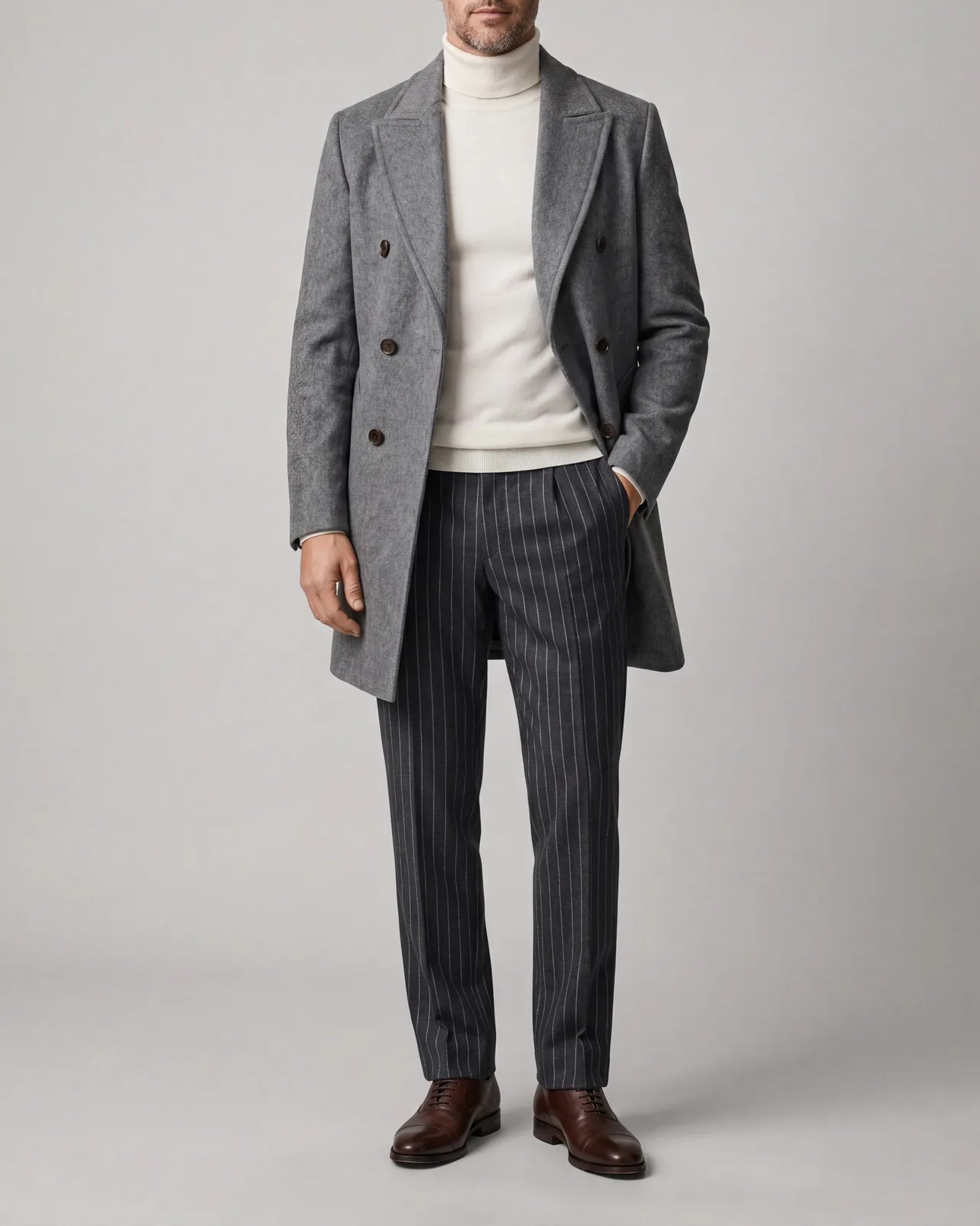 Double-Breasted Grey Coat in Wool and Cashmere, on model