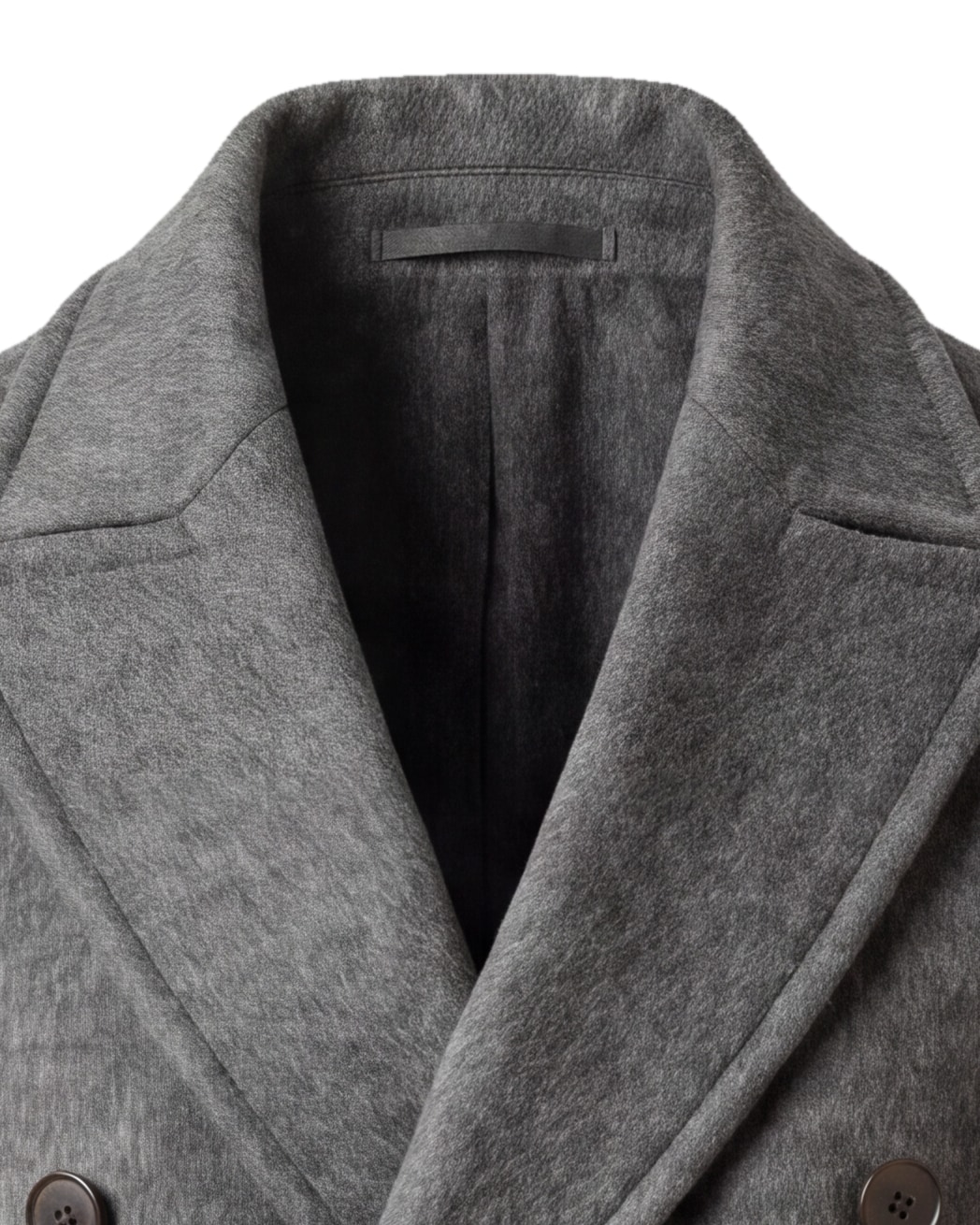 Double-Breasted Grey Coat in Wool and Cashmere, collar detail