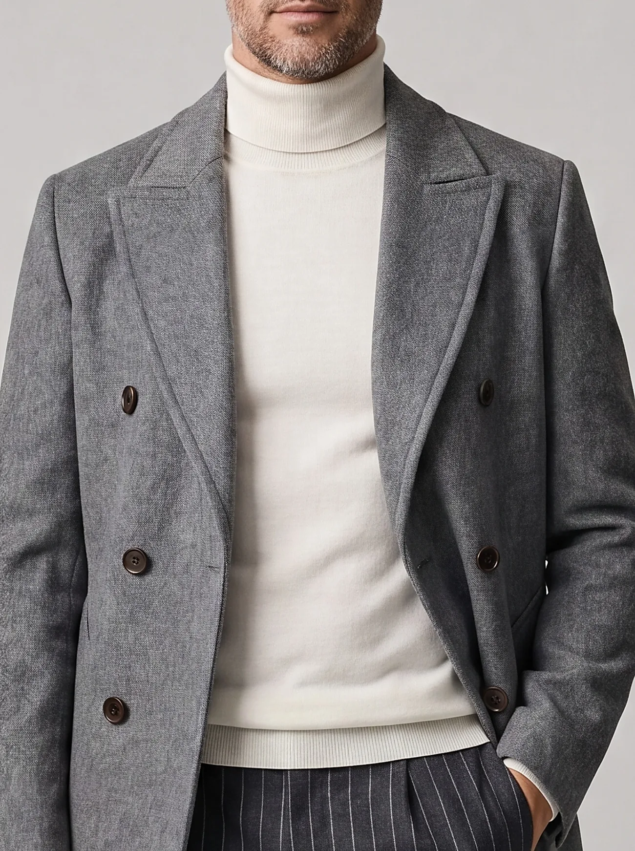 Double-Breasted Grey Coat in Wool and Cashmere, collar detail