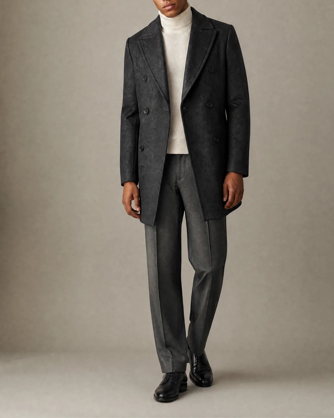 Double-Breasted Charcoal Merino wool Coat, on model