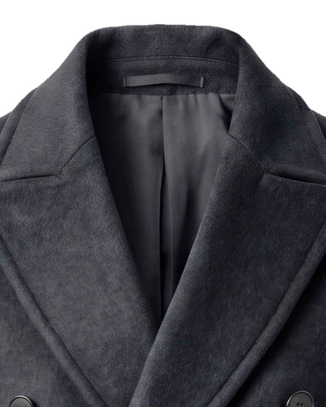 Double-Breasted Charcoal Merino wool Coat, collar detail