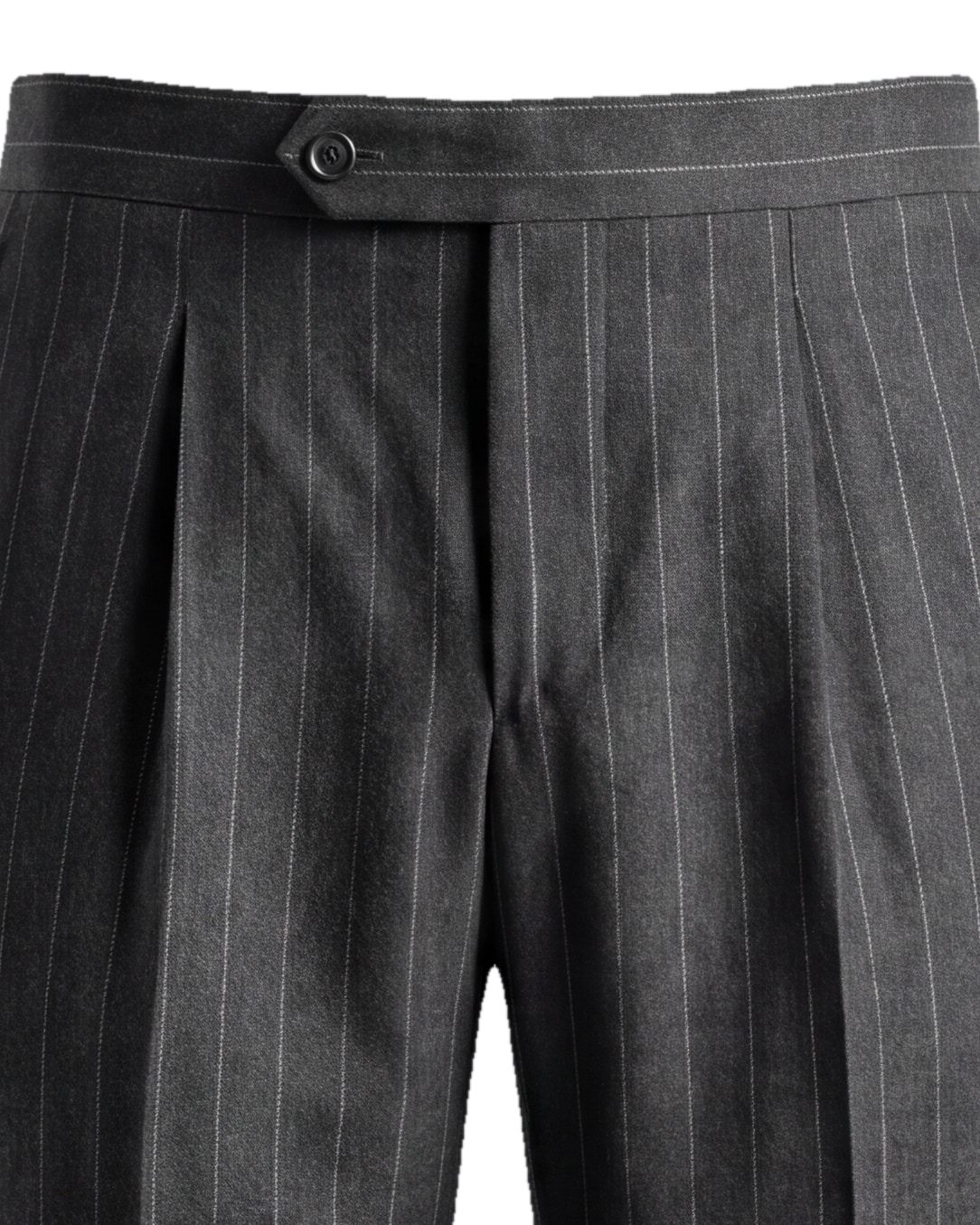 Mørkegrå pinstripe jakkesætsbukser fra HOV Collection, detalje af linningen