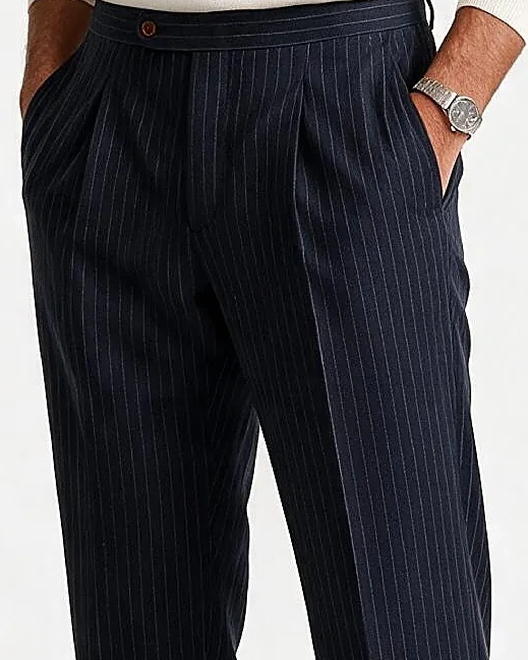 Navy Pinstripe S120 Wool Trousers, pocket detail