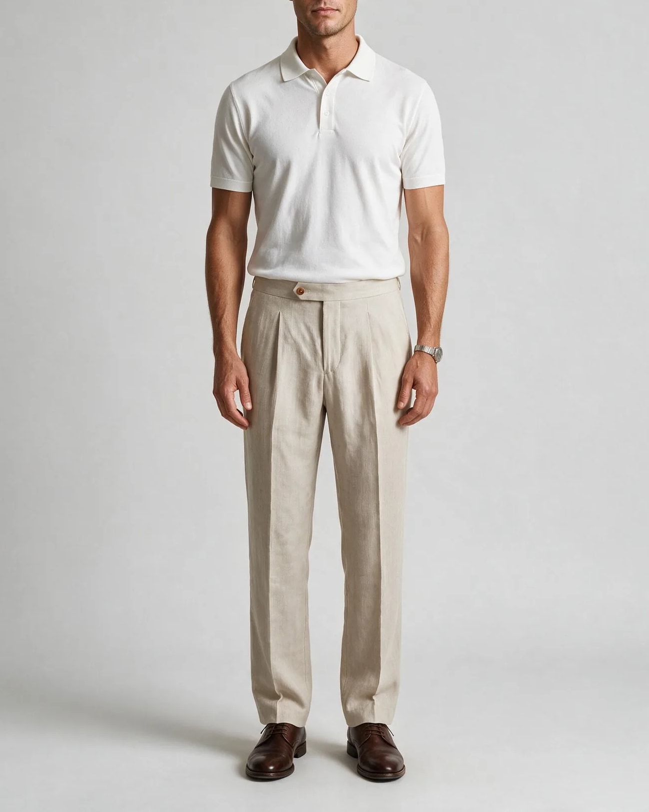 Cream Linen Trousers, on model