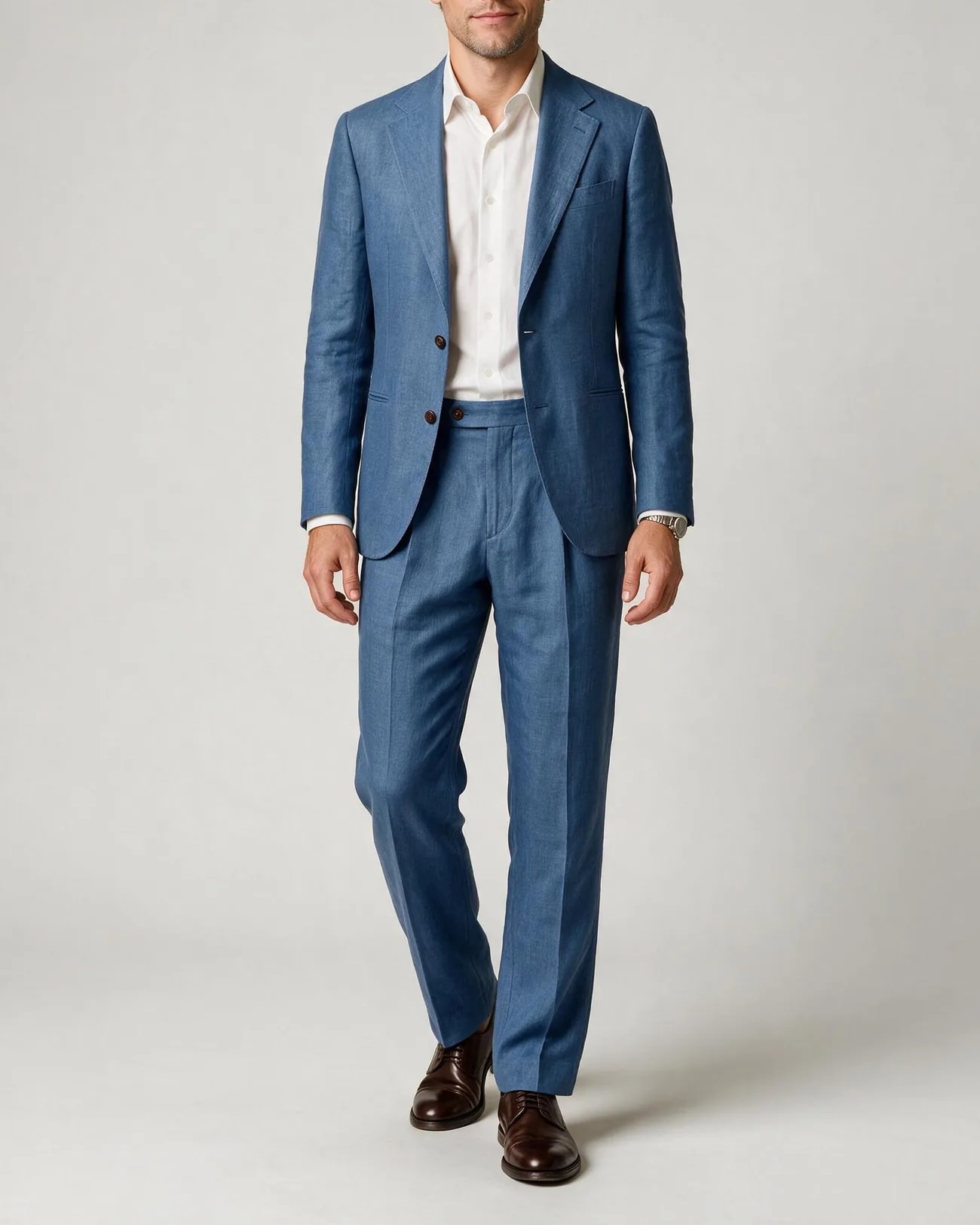 Mid-Blue Linen Trousers, on model