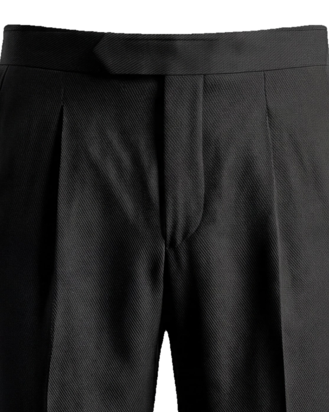 Sort twill jakkesætsbukser fra Dugdale, detalje af linningen