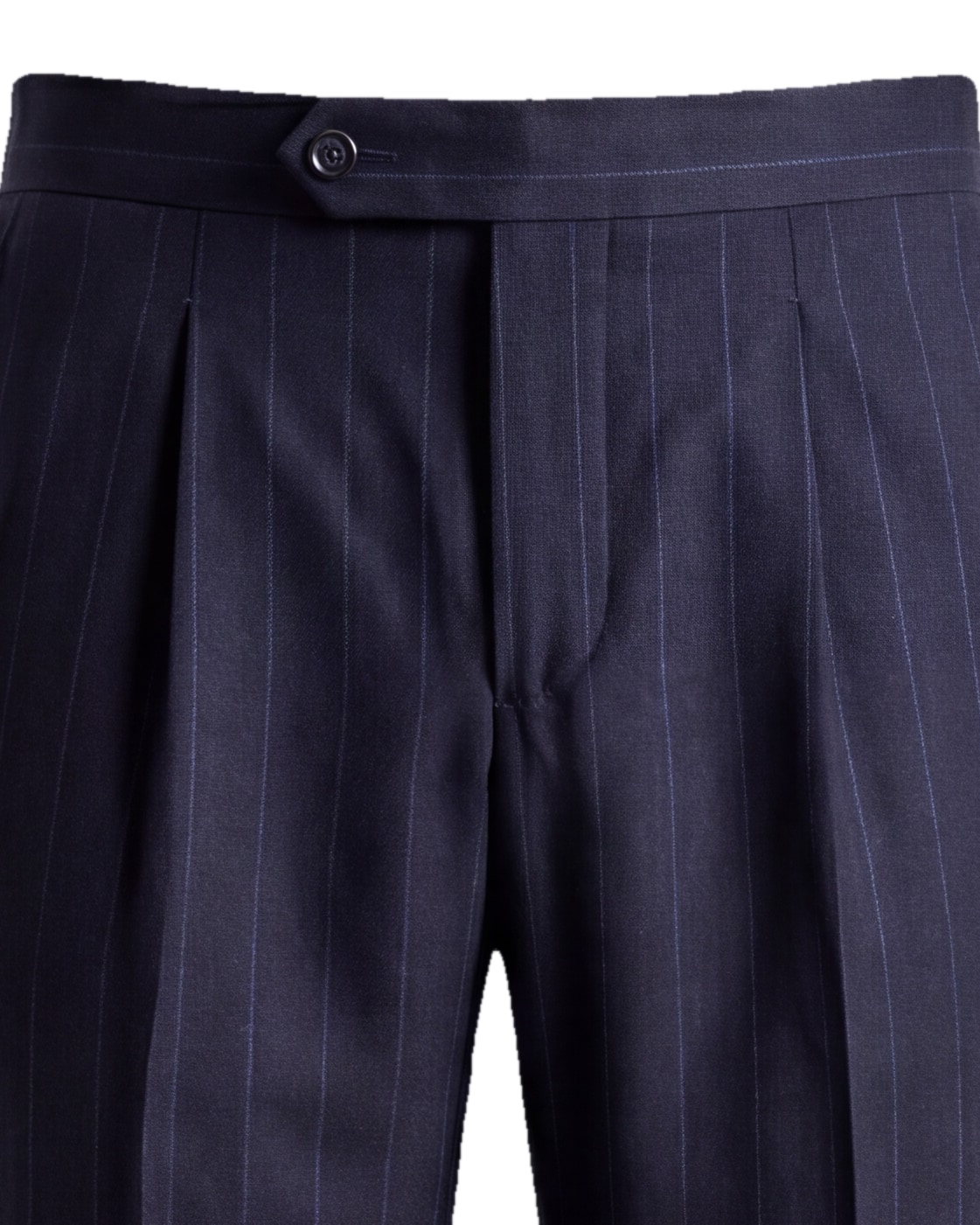 Mørk marineblå pinstripe jakkesætsbukser, detalje af linningen