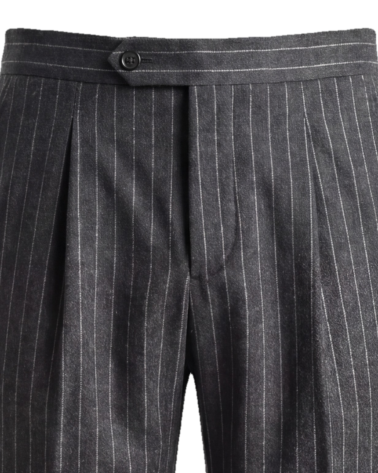 Antracitgrå pinstripe jakkesætsbukser, detalje af linningen