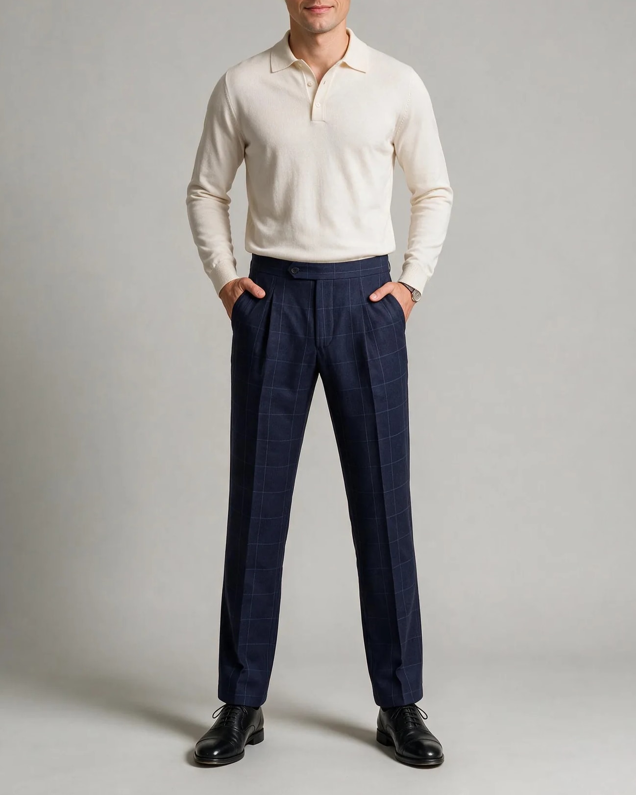 Navy Windowpane Suit Trousers, on model