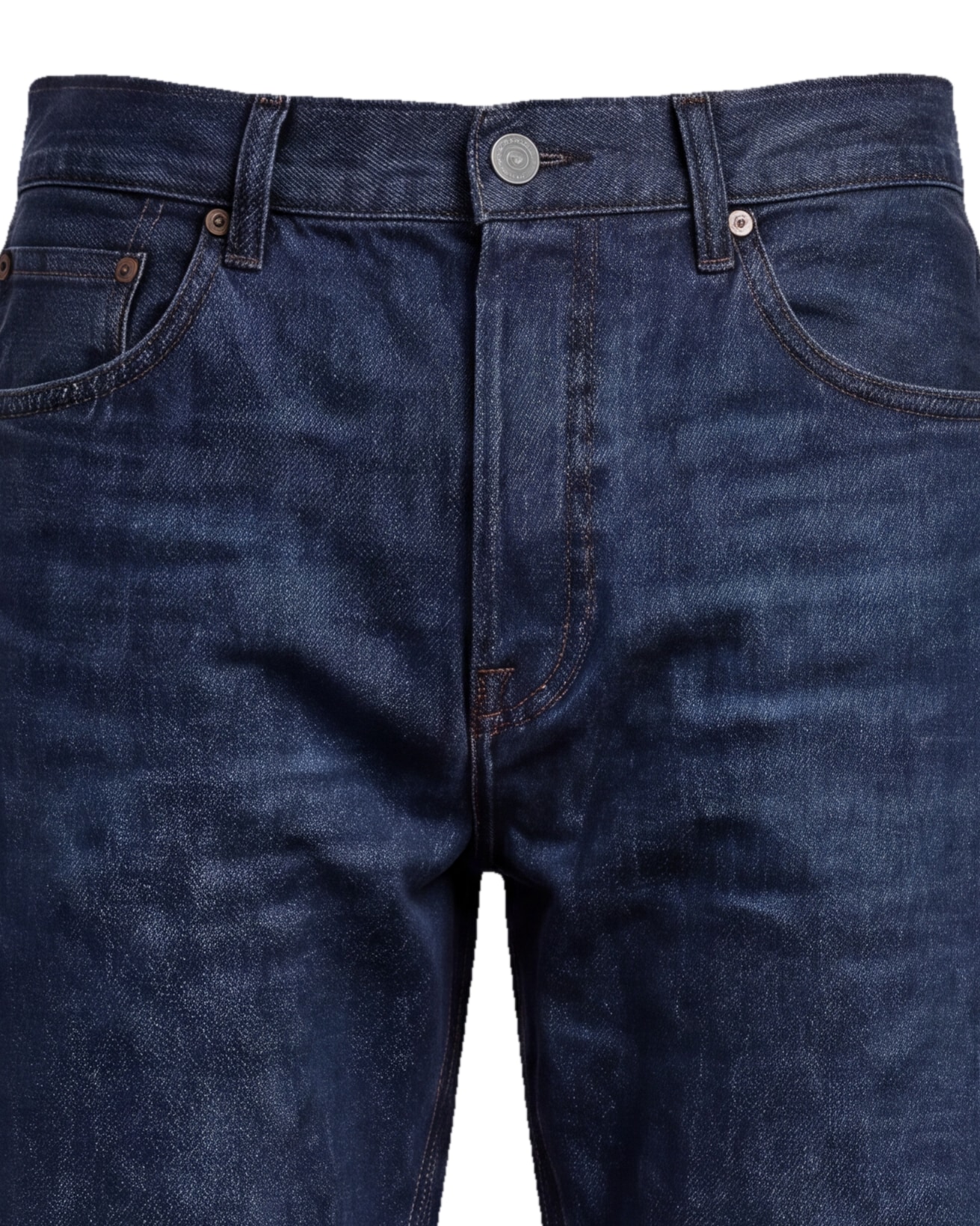 Mørk indigo wide leg jeans, detalje af linningen