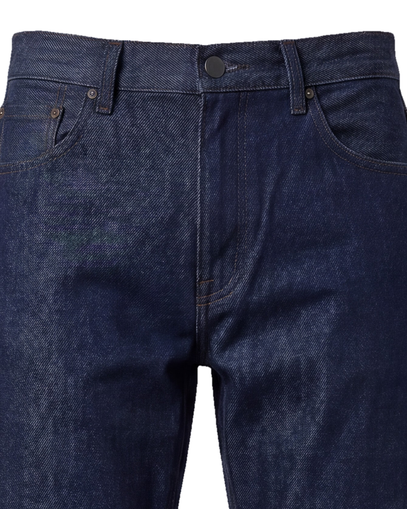 Rå indigo wide leg jeans, detalje af linningen