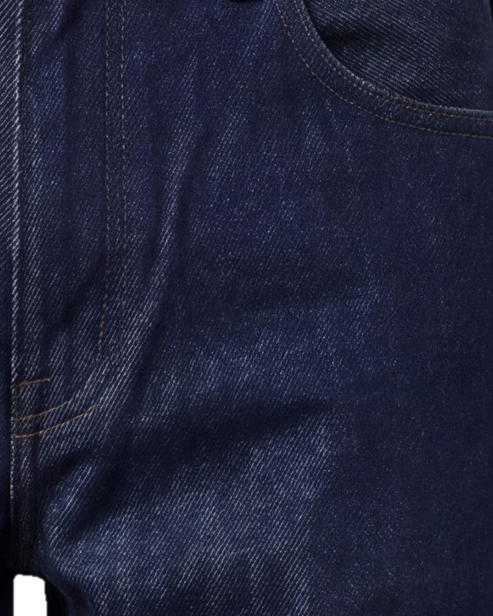 Rå indigo wide leg jeans, detalje af lommen
