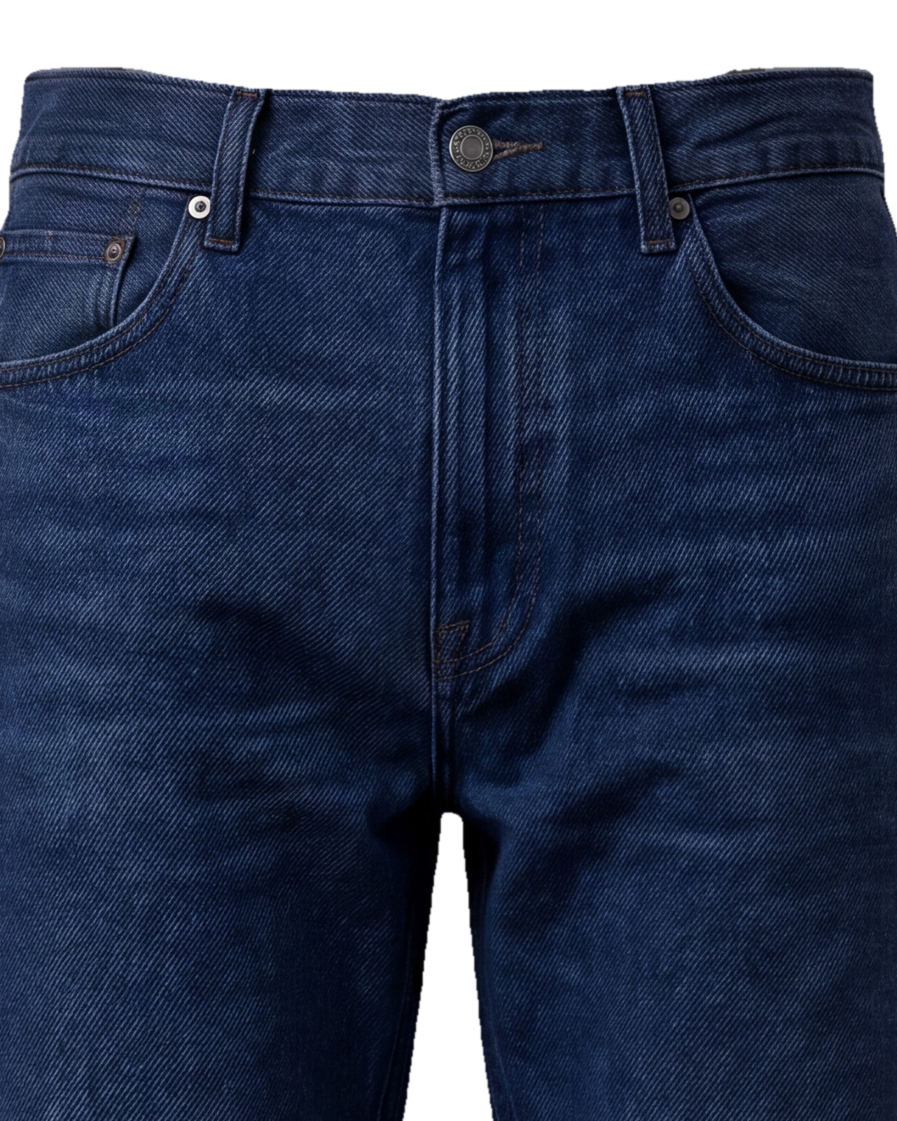 Rå indigo tapered jeans, detalje af linningen