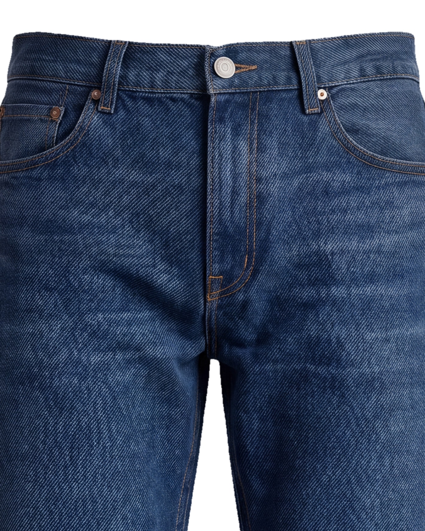 Mørk indigo tapered jeans, detalje af linningen