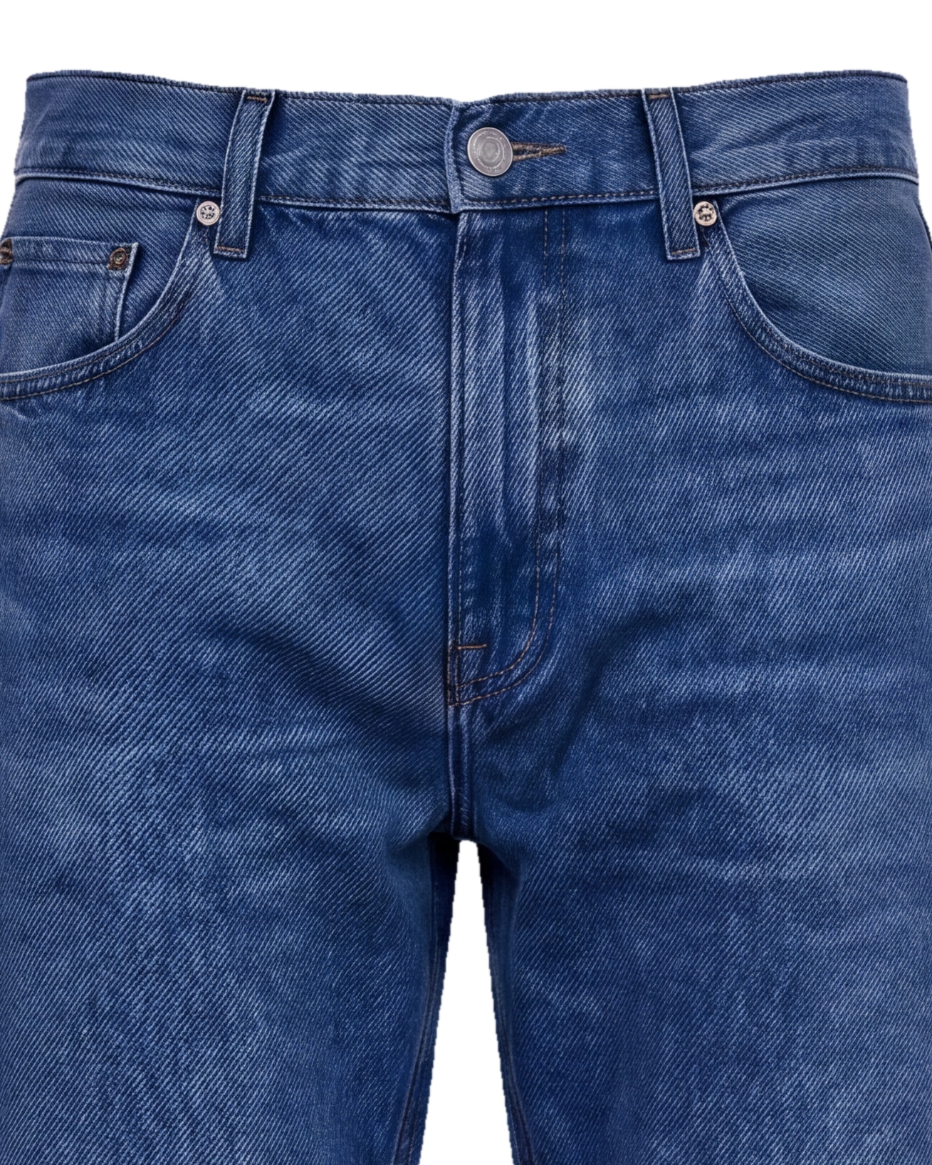 Vasket indigo wide leg jeans, detalje af linningen