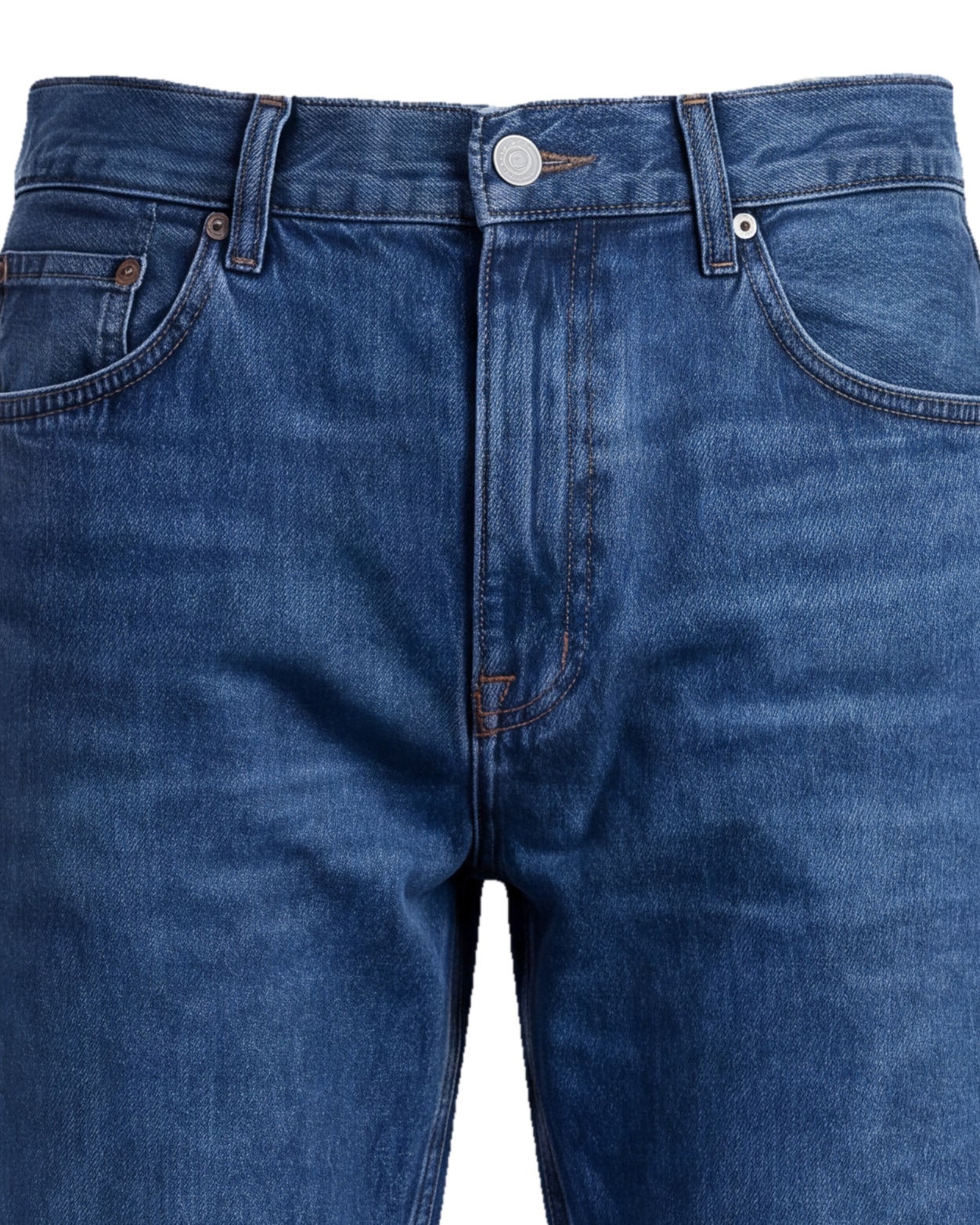Mellemblå wide leg jeans, detalje af linningen
