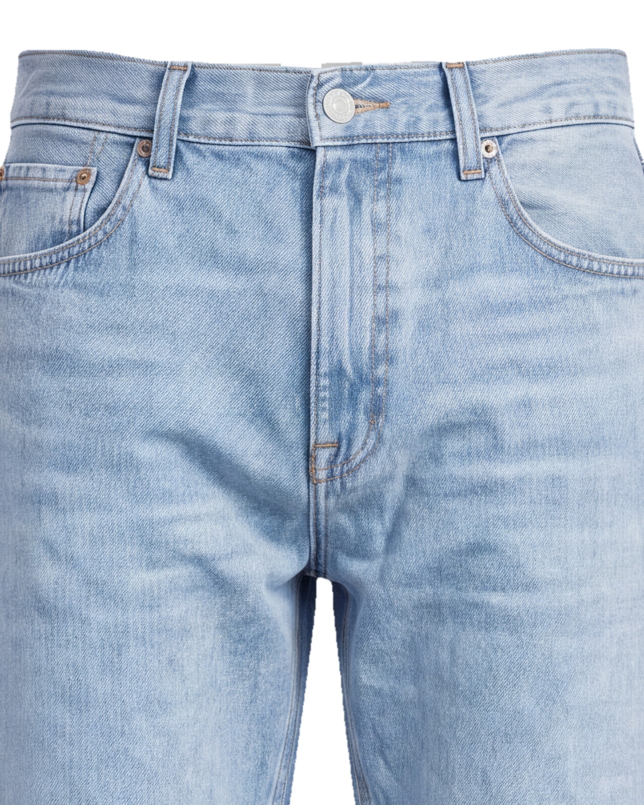 Lys indigo wide leg jeans, detalje af linningen