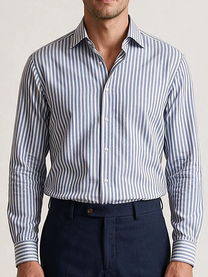 Blue Striped Cotton Twill Shirt, collar detail