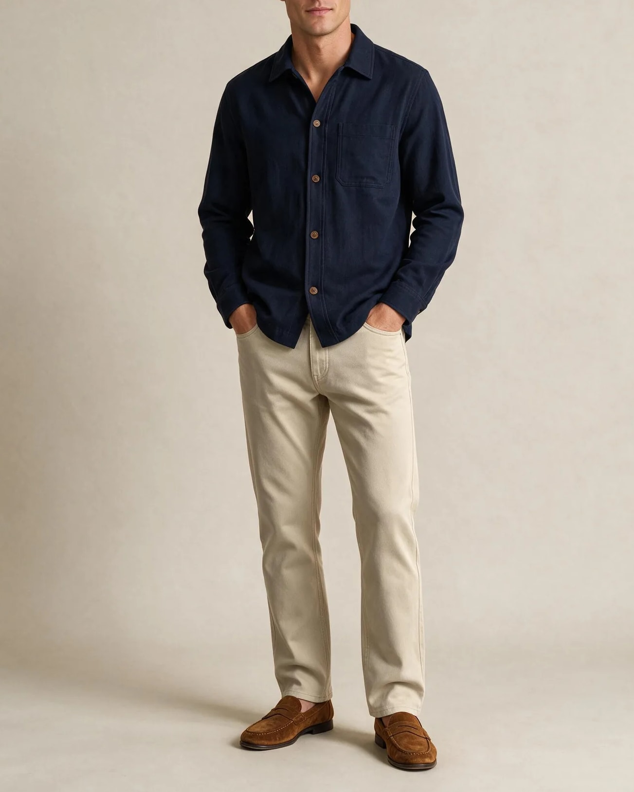 Navy Cotton Shirt Jacket, on model