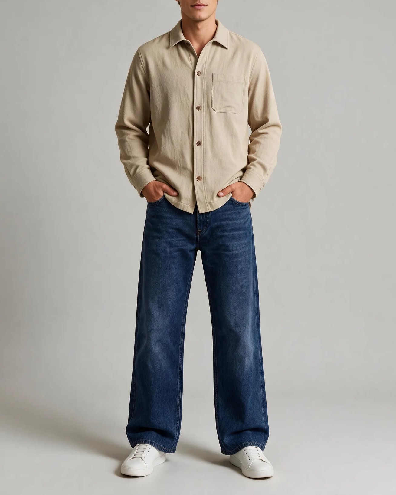 Stone-coloured Cotton Shirt Jacket, on model