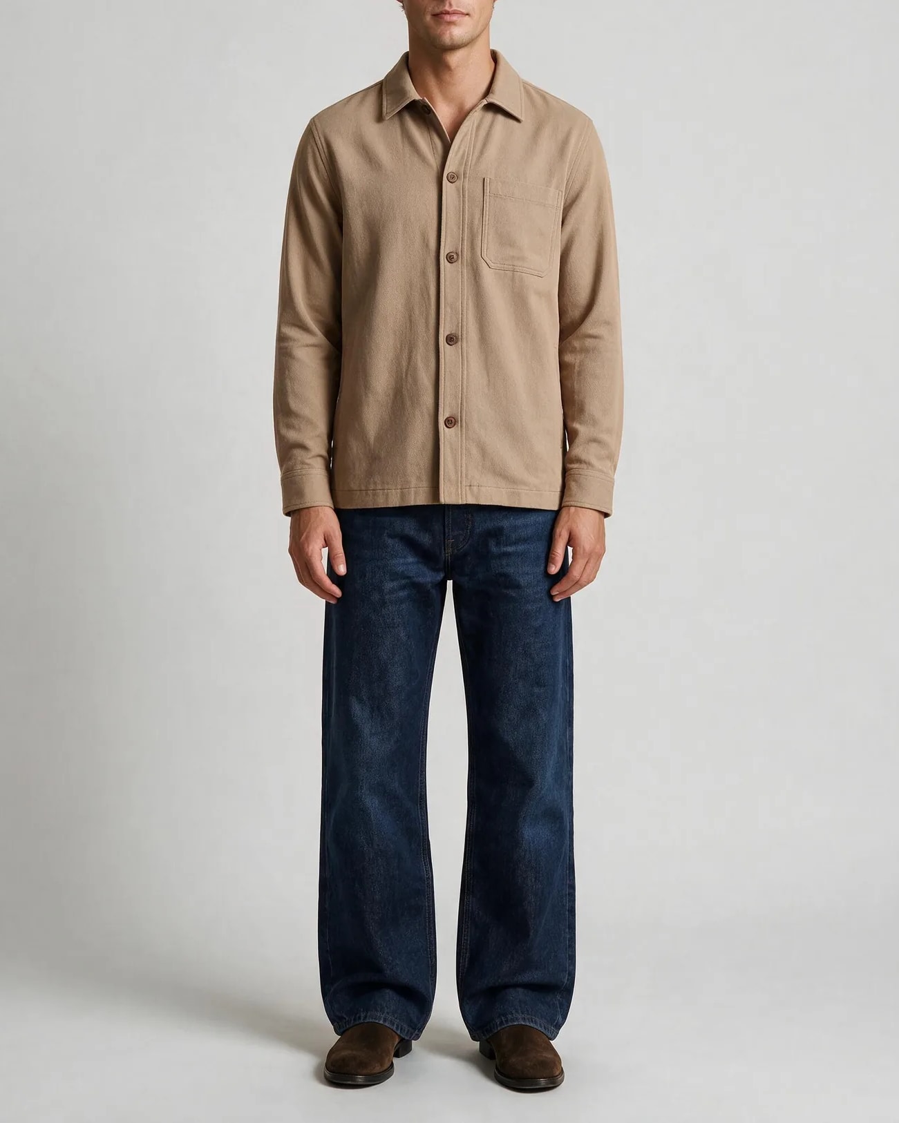 Stone-Coloured Cotton Twill Shirt Jacket, on model