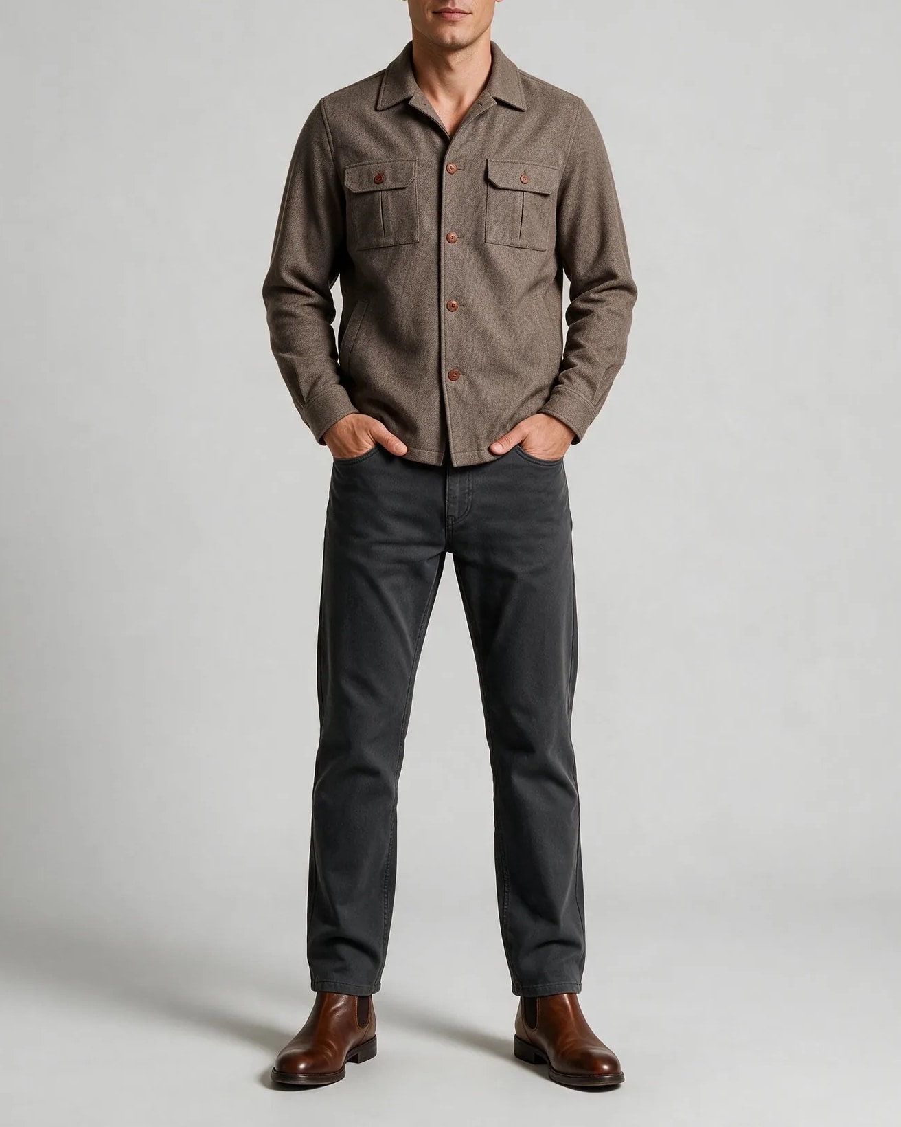 Grey-Brown Merino wool Shirt Jacket, on model
