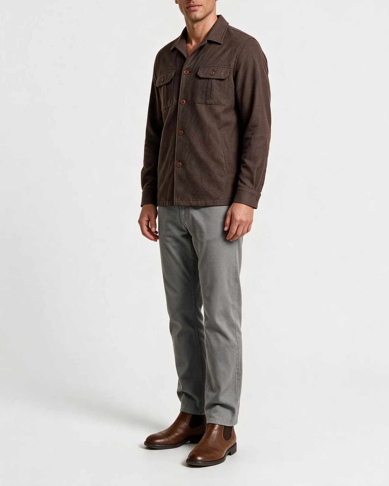 Chestnut Brown Merino wool Shirt Jacket, on model