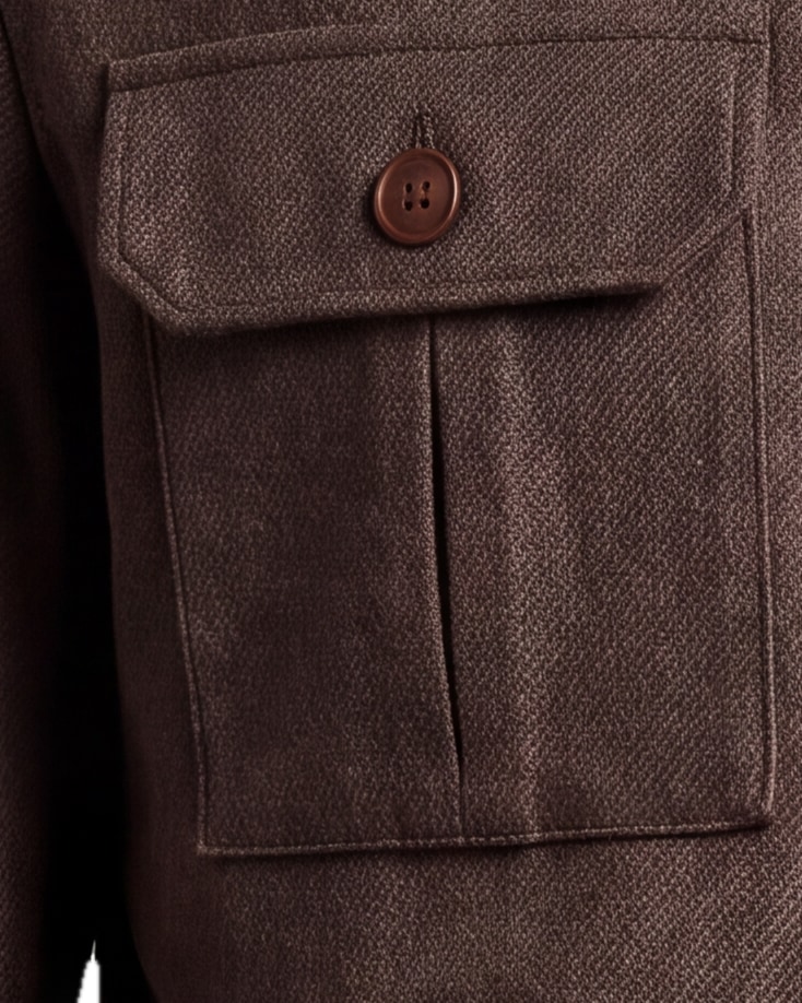 Kastanjebrun Merino uld shirt jacket, nærbillede af materialet