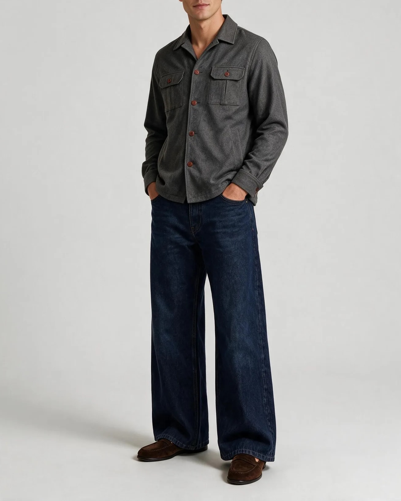 Grey Merino wool Shirt Jacket, on model