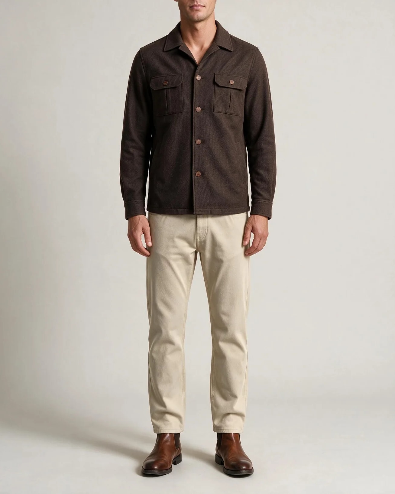 Dark Brown Wool Shirt Jacket, on model
