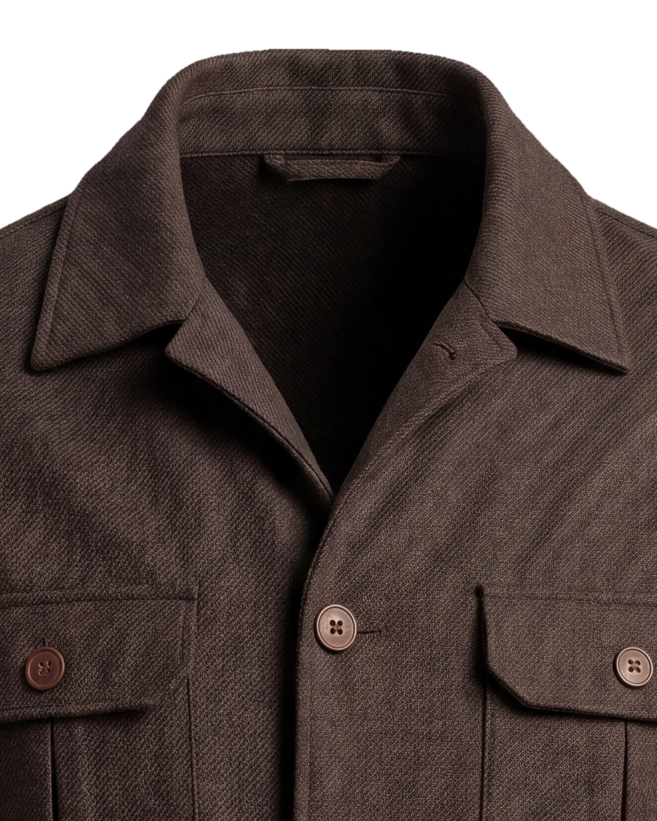 Mørkebrun uld shirt jacket, detalje af kraven